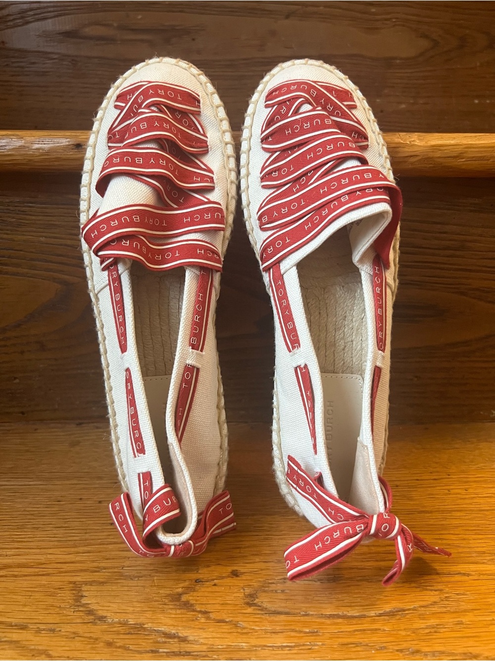 SALE Tory Burch Cream and Red Ribbon Espadrille Flats in Size: 8 (check disc)